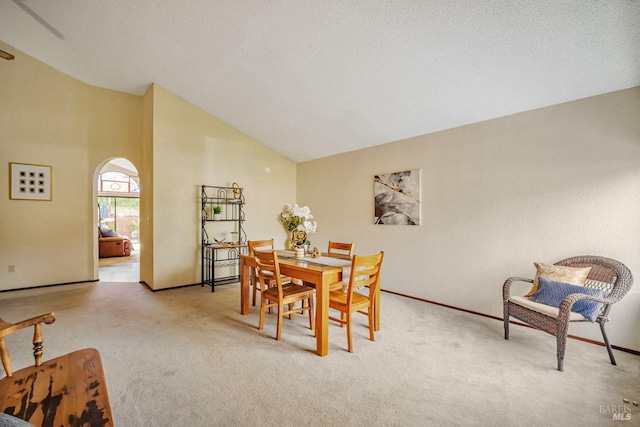 dining room featuring vaulted ceiling, a textured ceiling, baseboards, and light colored carpet