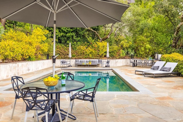 view of swimming pool featuring a patio, outdoor dining area, and a fenced in pool