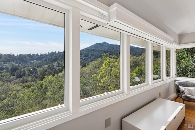 sunroom with a mountain view and a view of trees