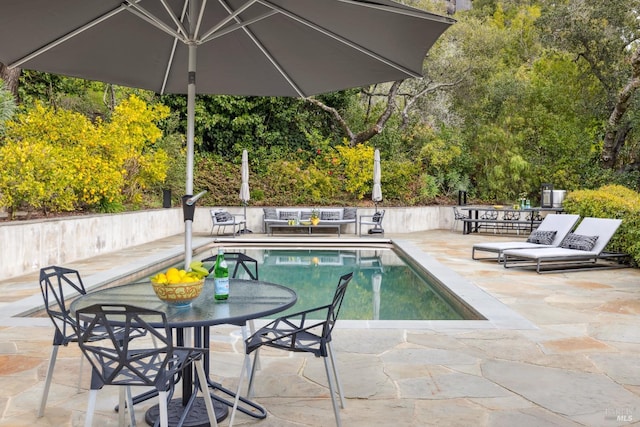 view of swimming pool with a patio, outdoor dining area, and a fenced in pool