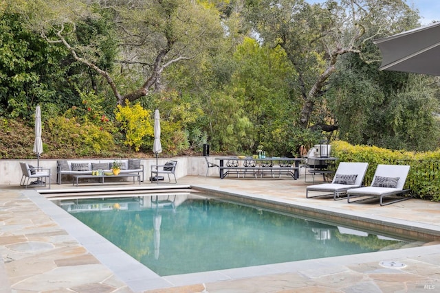 view of swimming pool featuring a fenced in pool, a patio, and an outdoor living space