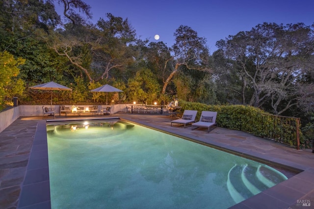 view of swimming pool featuring a fire pit, a patio area, and a fenced in pool