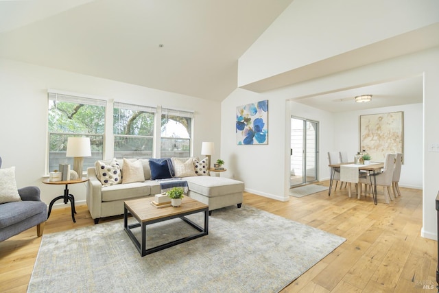 living room featuring light hardwood / wood-style floors and high vaulted ceiling