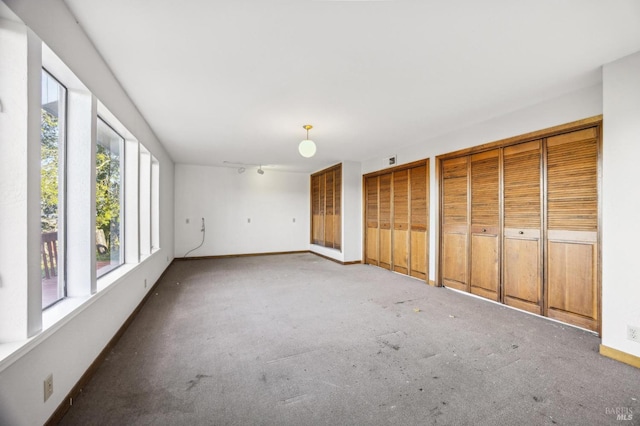 interior space featuring carpet, rail lighting, baseboards, and two closets