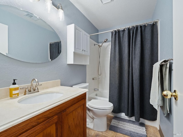 full bath featuring shower / bath combination with curtain, visible vents, a textured wall, toilet, and vanity