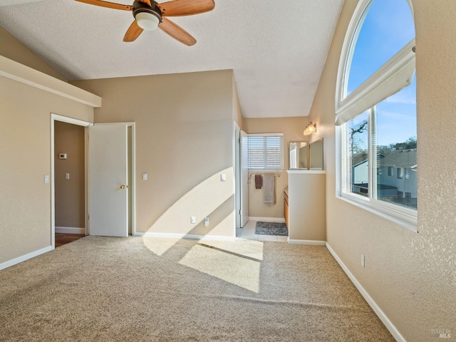 carpeted empty room with a textured wall, vaulted ceiling, a textured ceiling, and baseboards