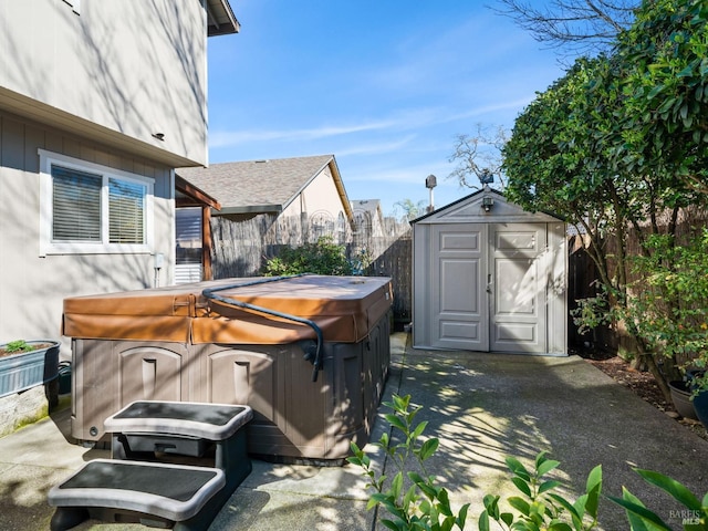 view of patio featuring an outbuilding, a fenced backyard, a hot tub, and a shed