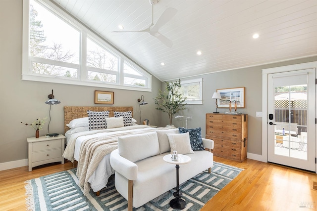 bedroom with light hardwood / wood-style flooring, access to outside, lofted ceiling, ceiling fan, and wooden ceiling