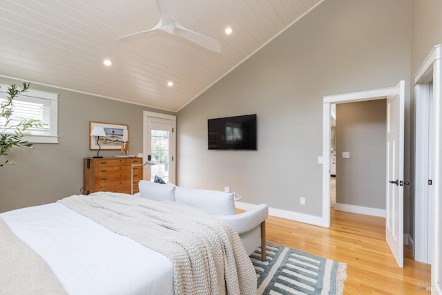 bedroom featuring ceiling fan, light hardwood / wood-style flooring, wood ceiling, and high vaulted ceiling