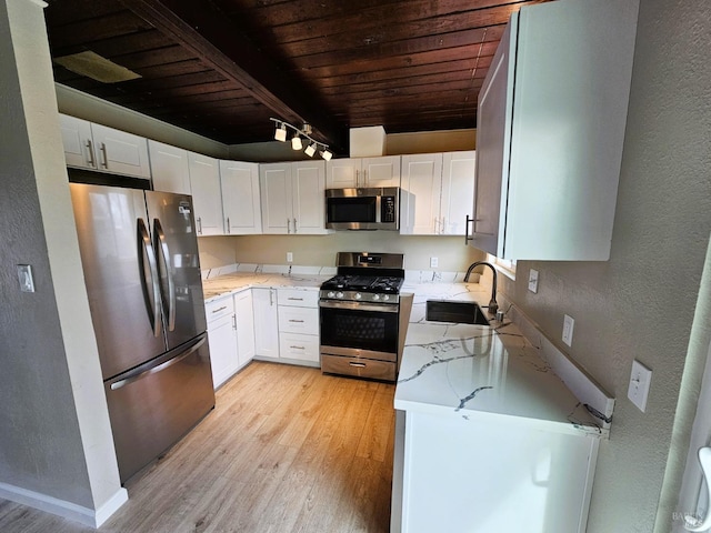 kitchen featuring sink, white cabinets, stainless steel appliances, and wood ceiling