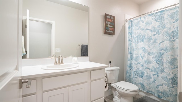 full bathroom featuring toilet, a shower with curtain, and vanity