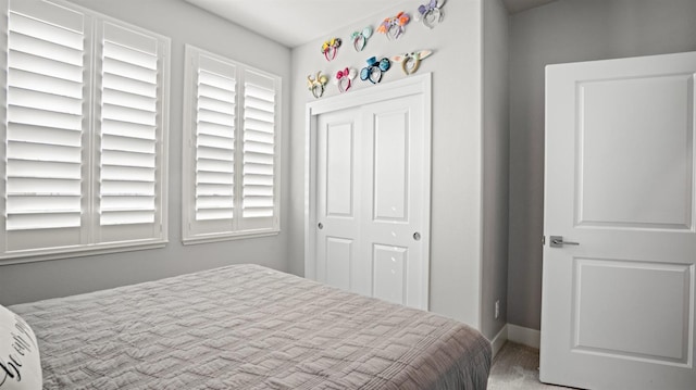 bedroom featuring multiple windows, baseboards, and a closet