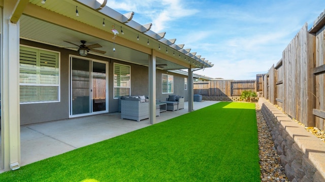 955 Vasey St, Winters, CA 95694 - view of yard with a ceiling fan, an outdoor living space, and a patio