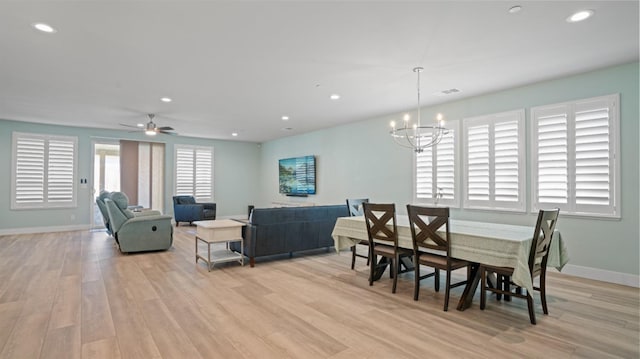 dining room with baseboards, recessed lighting, visible vents, and light wood-style floors