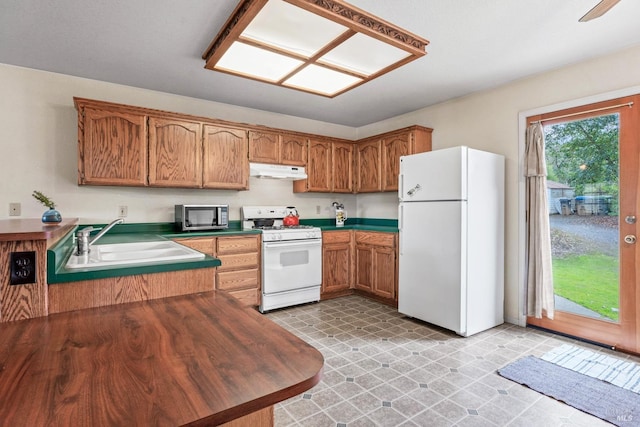 8100 Pinecrest Dr, Redwood Valley, CA 95470 - kitchen with white appliances, under cabinet range hood, a sink, brown cabinetry, and dark countertops