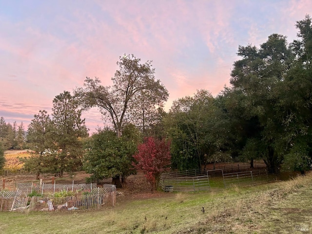 yard at dusk featuring a rural view