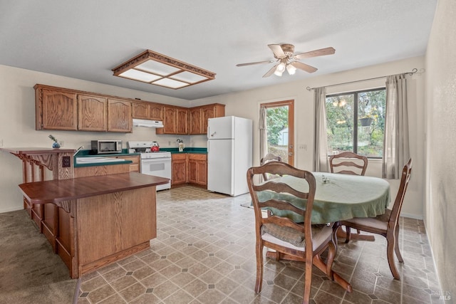 kitchen with ceiling fan, white appliances, a kitchen bar, and kitchen peninsula