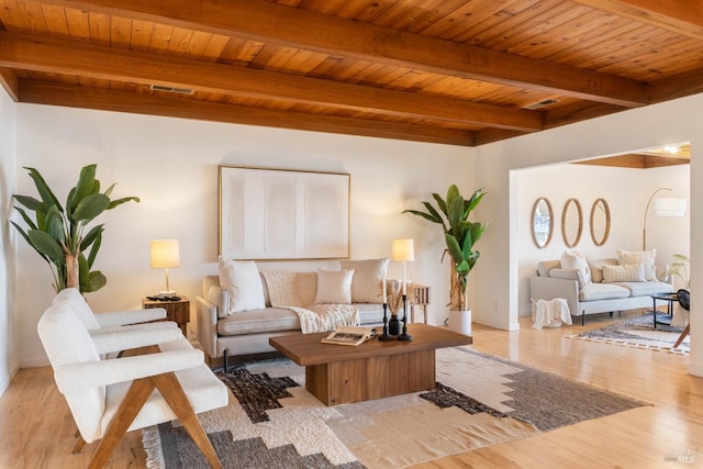 living room with light wood-type flooring, beam ceiling, and wood ceiling