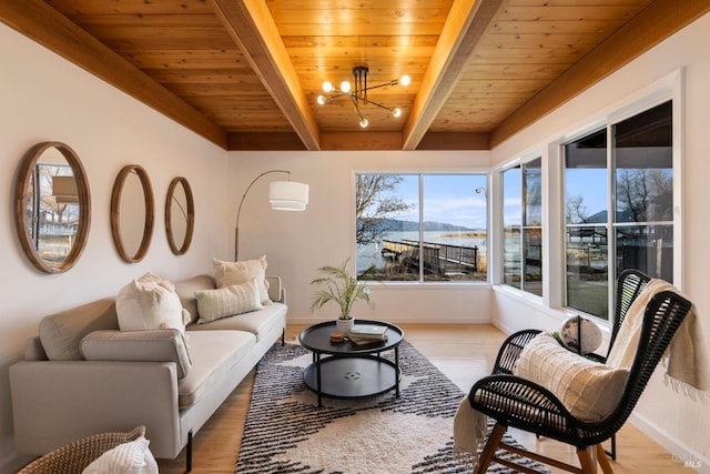 living room featuring wooden ceiling, a water view, light hardwood / wood-style floors, and beam ceiling