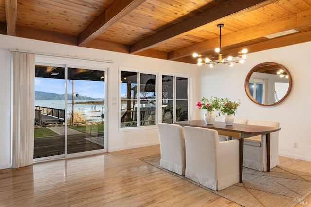 unfurnished dining area with light hardwood / wood-style flooring, a chandelier, a water and mountain view, wood ceiling, and beam ceiling