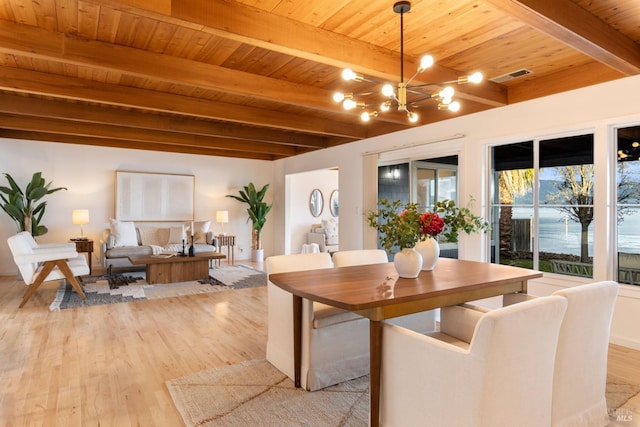 dining space featuring beamed ceiling, light hardwood / wood-style floors, wood ceiling, and an inviting chandelier