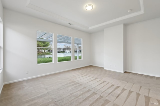 unfurnished room with a tray ceiling and light carpet