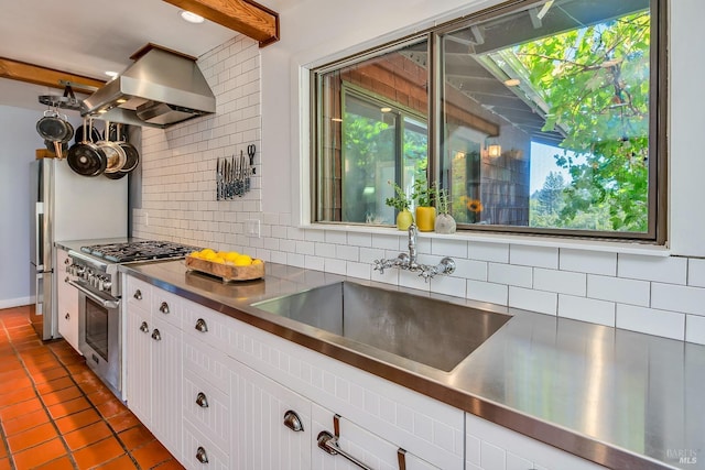 kitchen featuring decorative backsplash, high end stainless steel range oven, ventilation hood, and stainless steel countertops