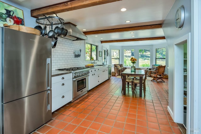 kitchen with backsplash, beam ceiling, white cabinets, stainless steel appliances, and a sink