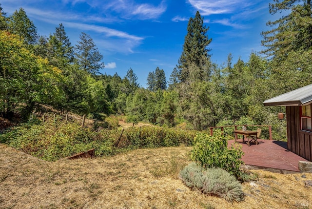 view of yard featuring a view of trees and a deck