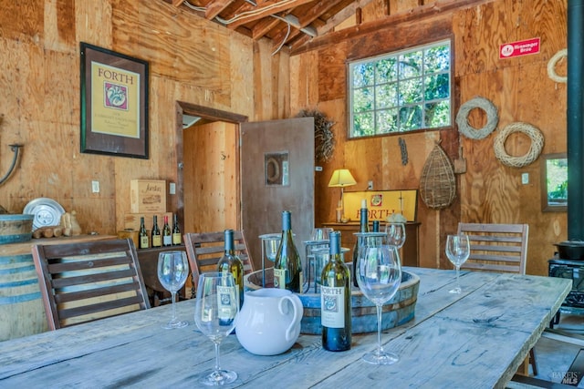 dining room featuring a wood stove