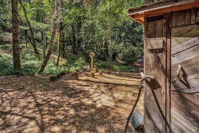 view of yard featuring a forest view