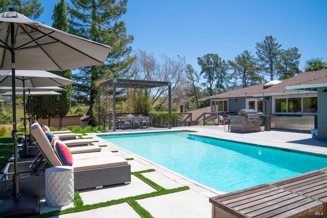 pool featuring a patio area, area for grilling, and fence