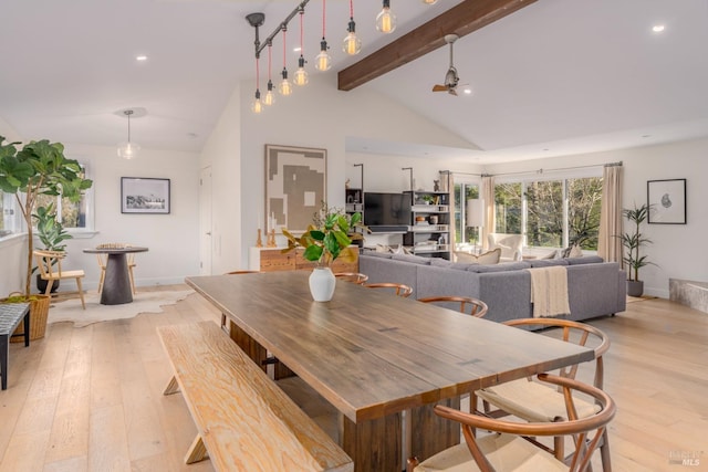 dining area with high vaulted ceiling, light wood-type flooring, beam ceiling, and recessed lighting