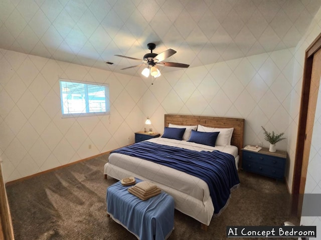 bedroom featuring a ceiling fan and dark carpet