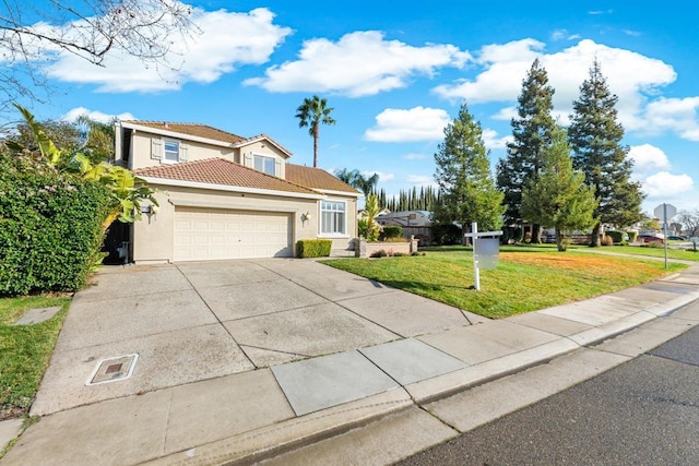 view of front of property with stucco siding, concrete driveway, an attached garage, a tiled roof, and a front lawn