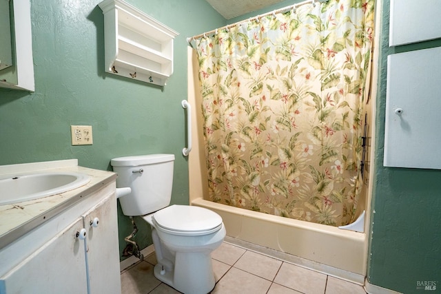 full bath with tile patterned flooring, vanity, toilet, and shower / bath combo with shower curtain