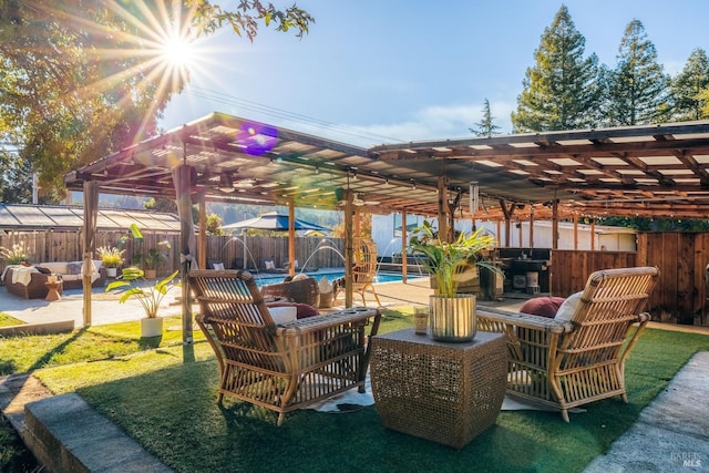 view of patio with a fenced in pool, a pergola, a fenced backyard, and an outdoor hangout area