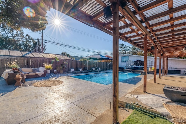 view of swimming pool featuring a fenced in pool, a fenced backyard, an outdoor hangout area, a patio area, and a pergola