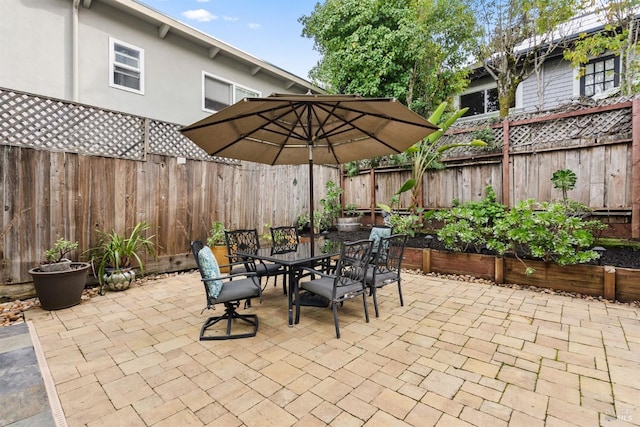 view of patio / terrace with outdoor dining space and a fenced backyard