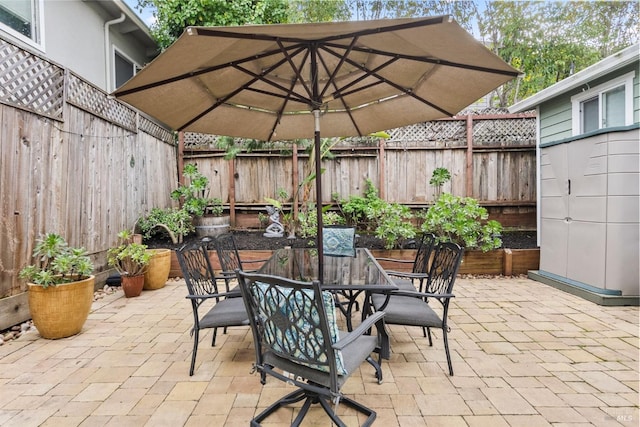 view of patio / terrace featuring a fenced backyard and outdoor dining area