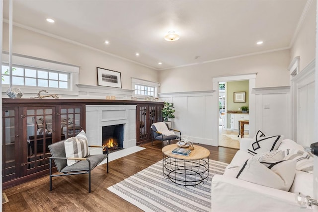 living room with recessed lighting, a wainscoted wall, a fireplace, wood finished floors, and ornamental molding