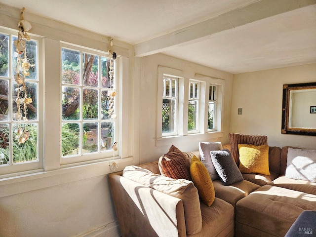 living area with beam ceiling