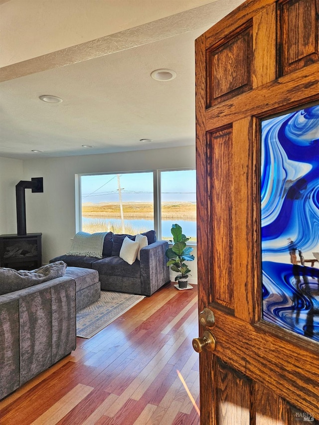 living room with a water view, a wood stove, and light wood-style floors