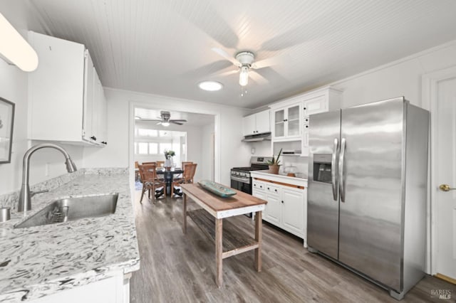 kitchen with white cabinets, glass insert cabinets, light stone countertops, stainless steel appliances, and a sink