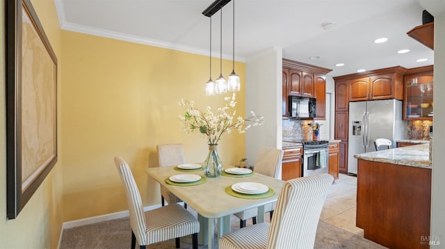 dining space with baseboards, light tile patterned floors, recessed lighting, and crown molding