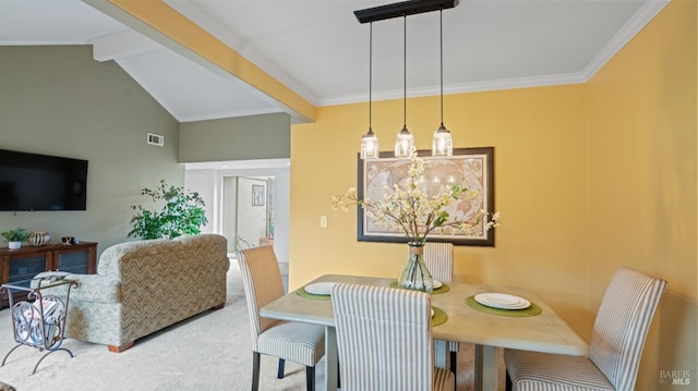 carpeted dining area featuring lofted ceiling with beams, visible vents, and crown molding