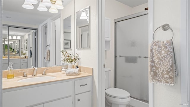 full bathroom featuring toilet, a shower stall, and vanity