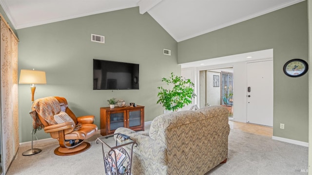 living room with beam ceiling, light colored carpet, crown molding, and visible vents