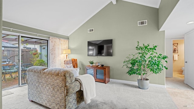 living area featuring ornamental molding, visible vents, and baseboards