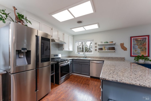 kitchen featuring under cabinet range hood, stainless steel appliances, a peninsula, a sink, and white cabinetry